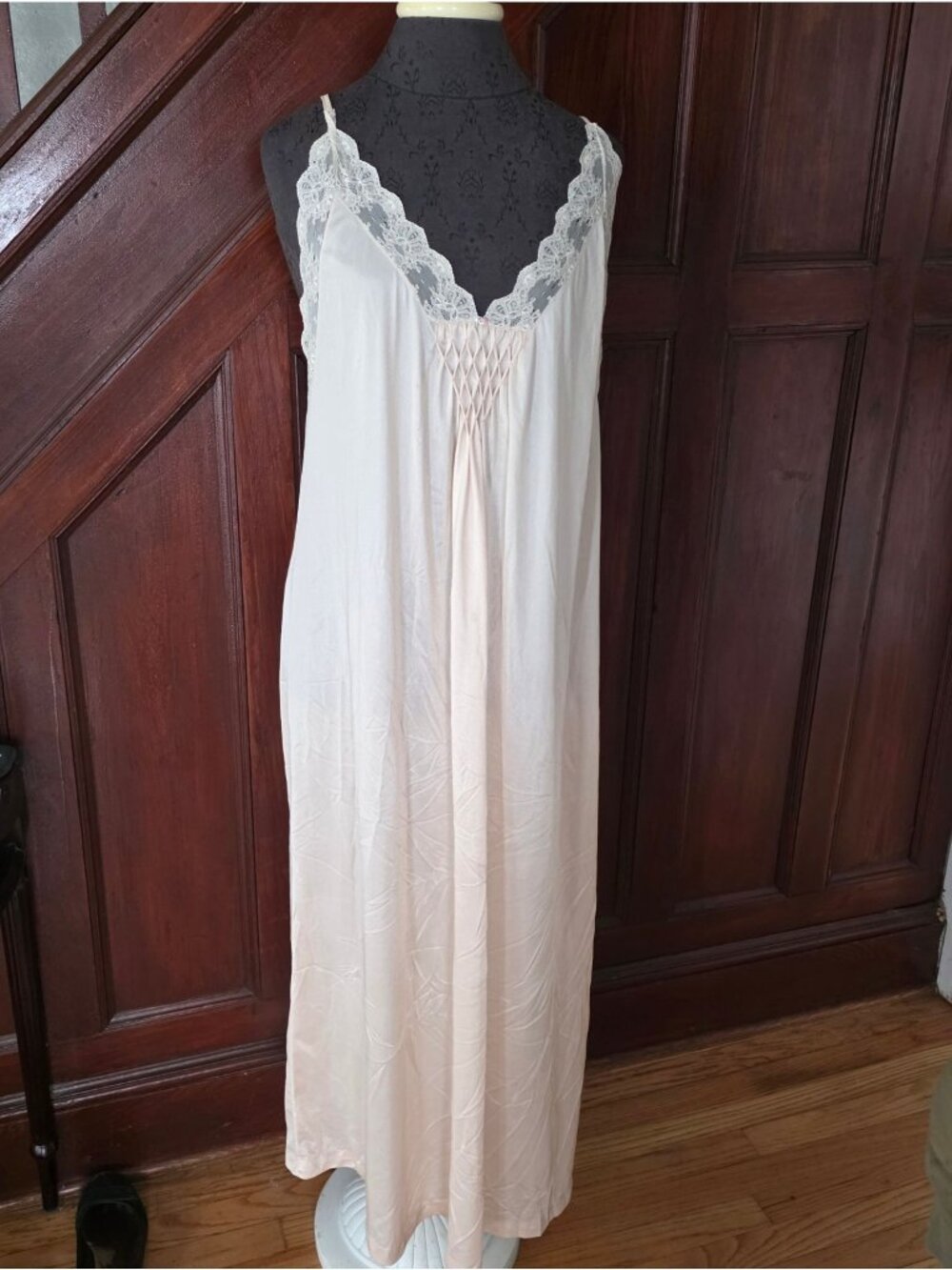 Vintage Pink Satin Nightgown With Lace Trim & Pleated Front Spaghetti Straps Siz
